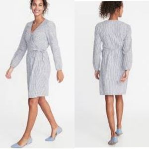 NWT Old Navy Waist Defined Wrap Front Stripe Dress Cotton Large
